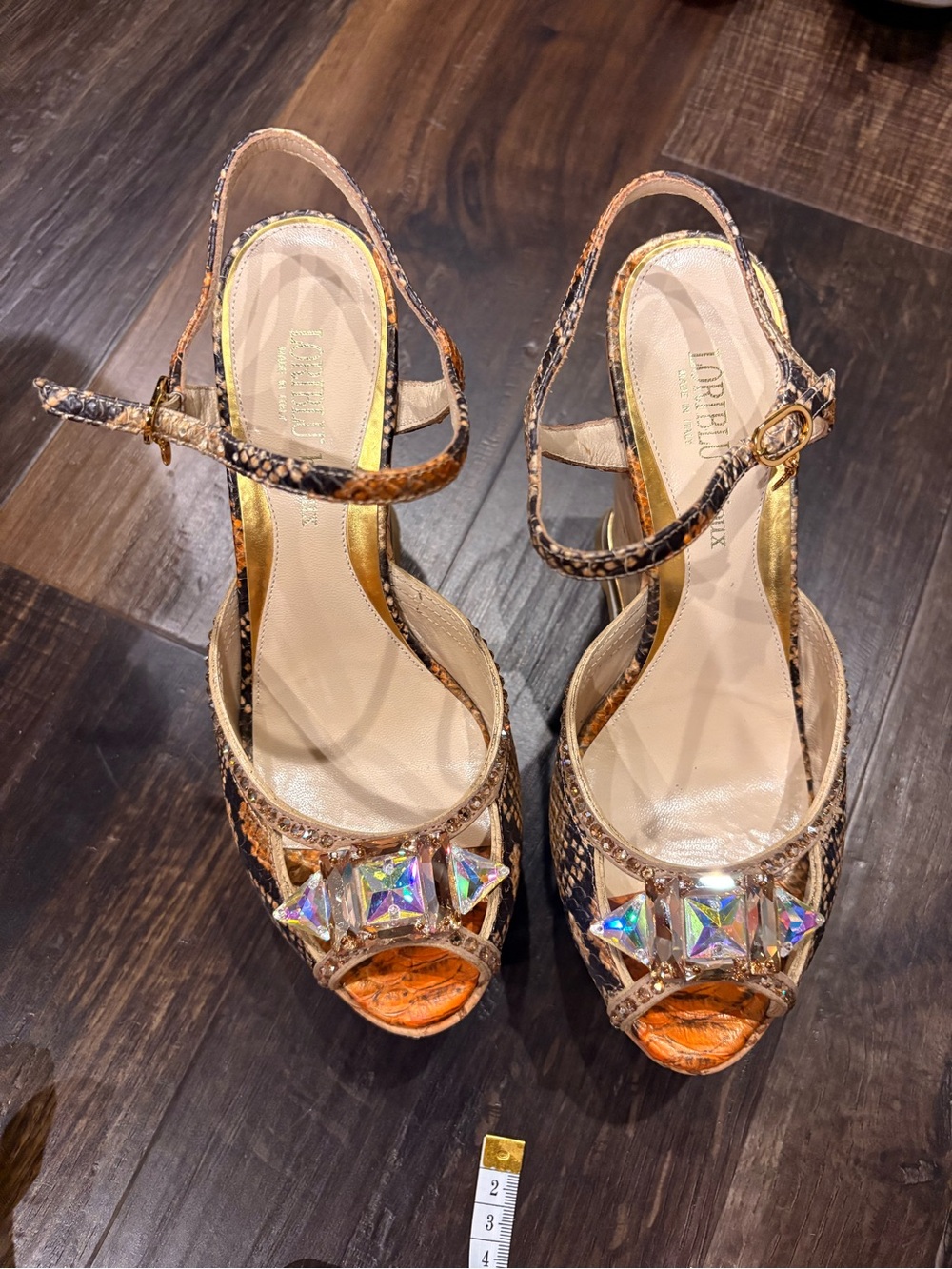 LORIBLU-Swarovski embellished Snake-Print Slingback Heels - Brown